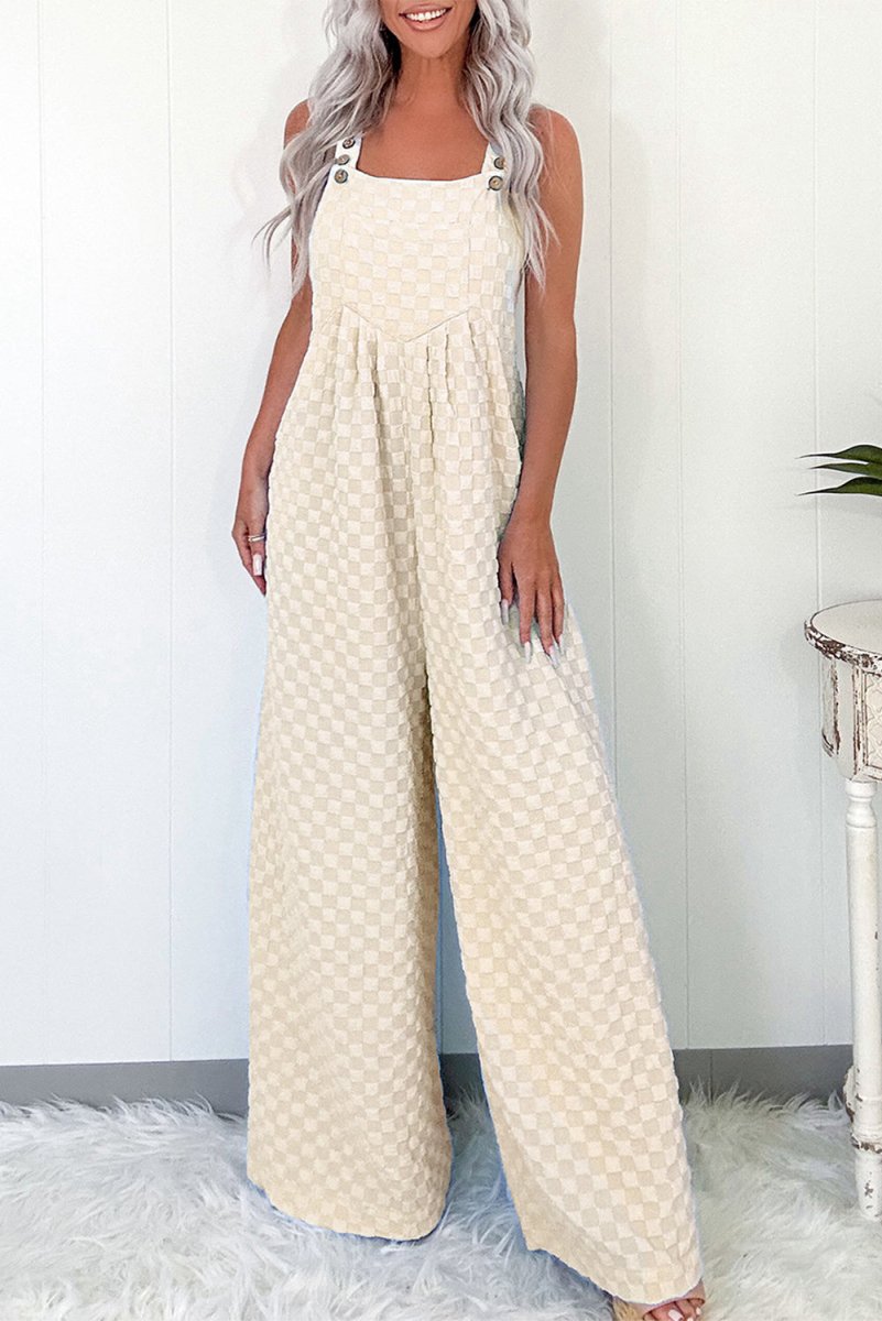 Beige Checkered Pocketed High Waist Wide Leg Overall Jumpsuit - Love Salve