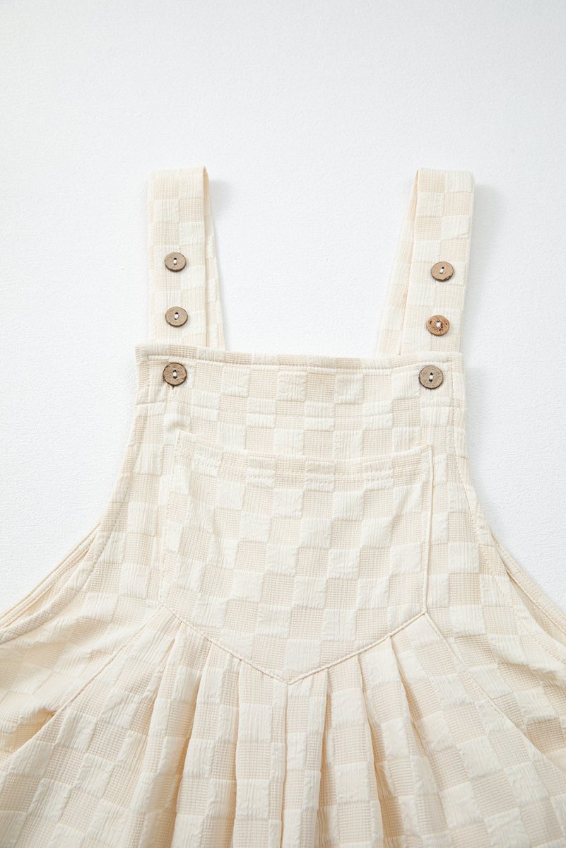 Beige Checkered Pocketed High Waist Wide Leg Overall Jumpsuit - Love Salve