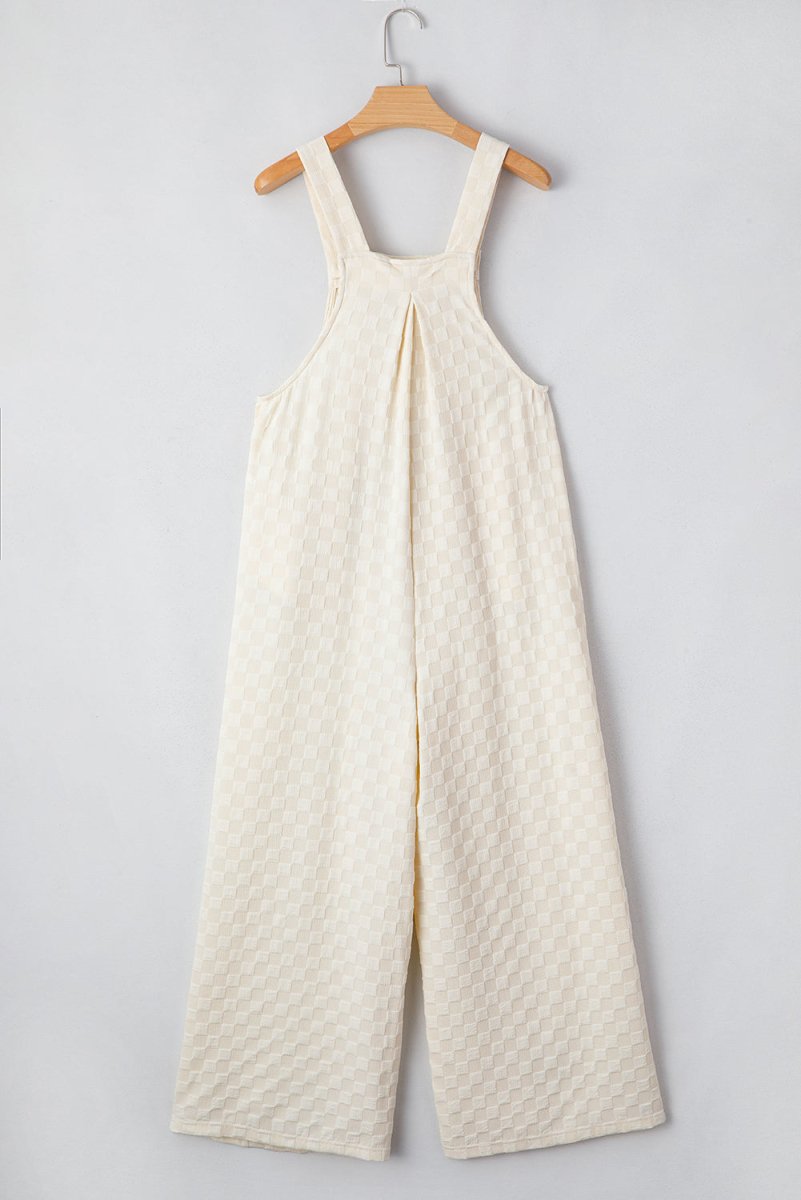 Beige Checkered Pocketed High Waist Wide Leg Overall Jumpsuit - Love Salve