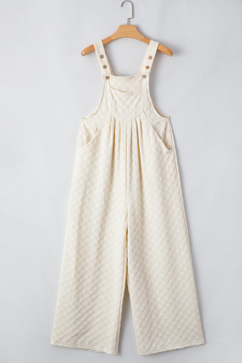 Beige Checkered Pocketed High Waist Wide Leg Overall Jumpsuit - Love Salve