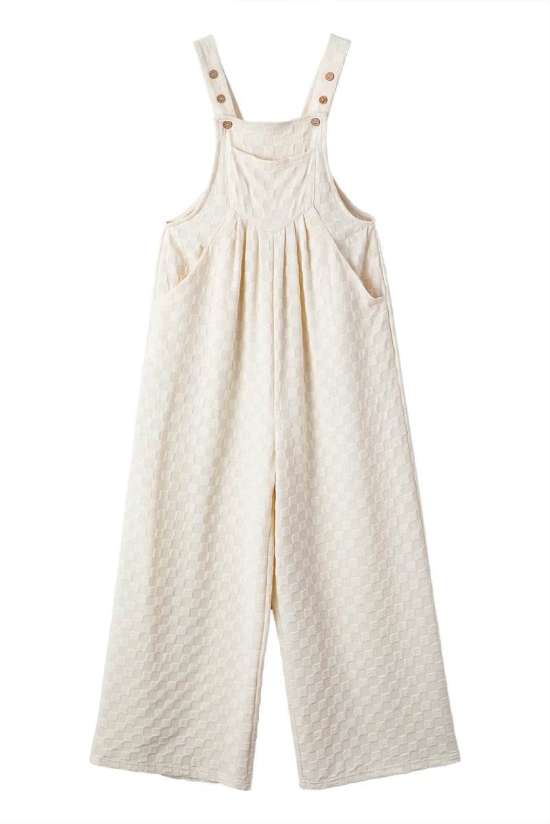 Beige Checkered Pocketed High Waist Wide Leg Overall Jumpsuit - Love Salve