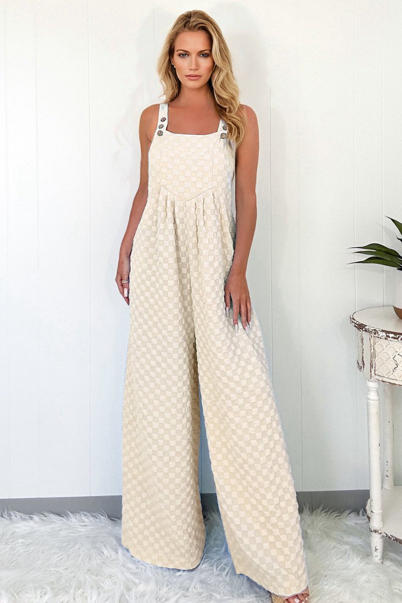 Beige Checkered Pocketed High Waist Wide Leg Overall Jumpsuit - Love Salve