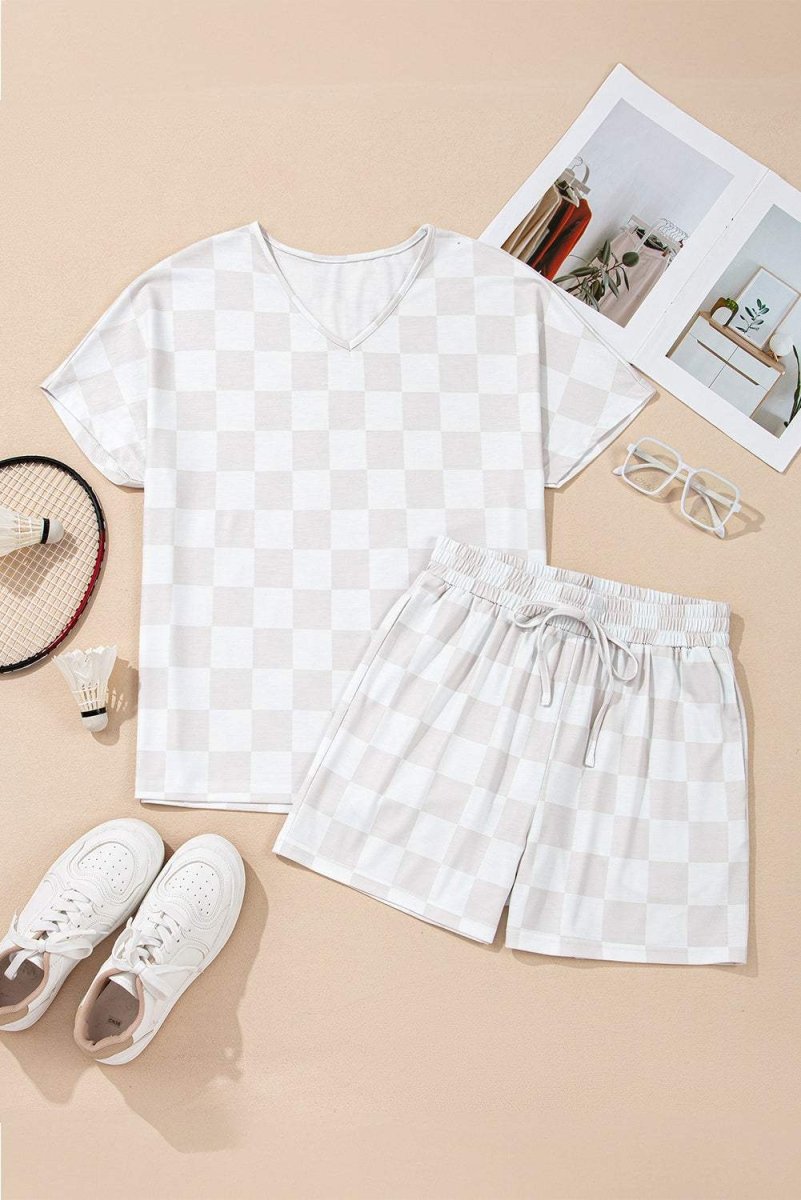 Beige Checkered V Neck Tee Drawstring Shorts Lounge Set for Women - Love Salve