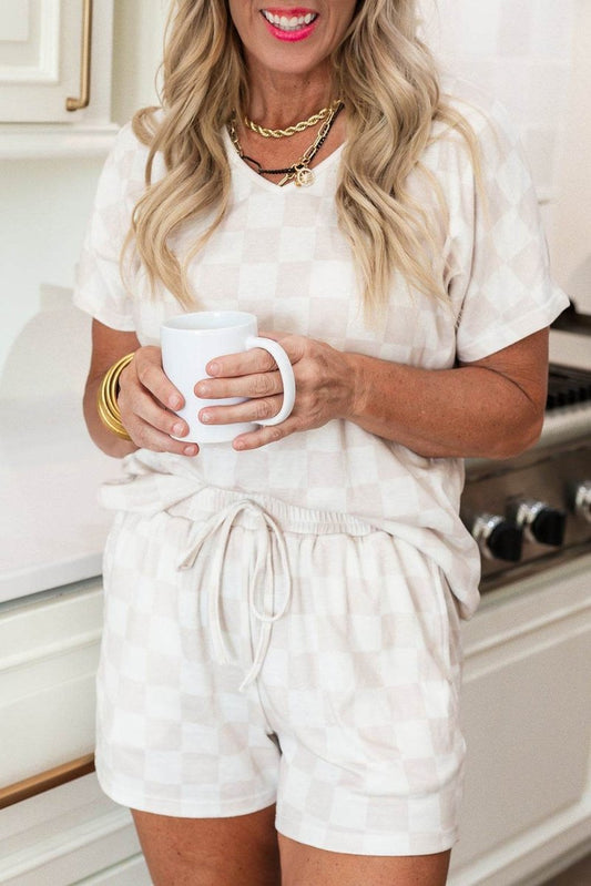 Beige Checkered V Neck Tee Drawstring Shorts Lounge Set for Women - Love Salve