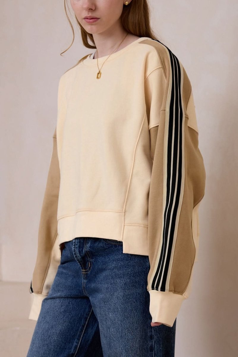 Beige Contrast Striped Patchwork Drop Shoulder Loose Sweatshirt - Love Salve