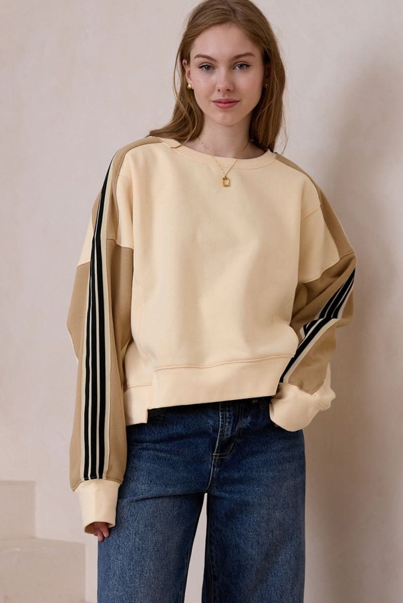 Beige Contrast Striped Patchwork Drop Shoulder Loose Sweatshirt - Love Salve