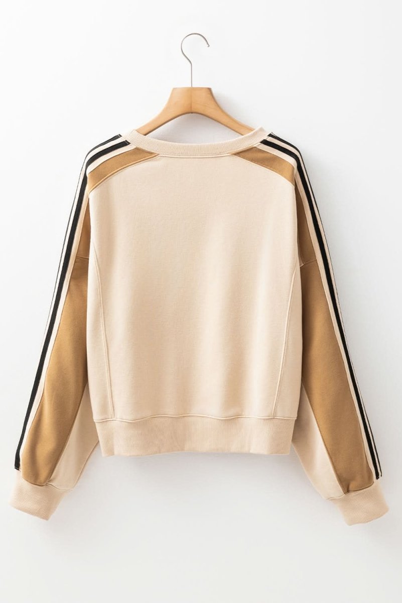 Beige Contrast Striped Patchwork Drop Shoulder Loose Sweatshirt - Love Salve