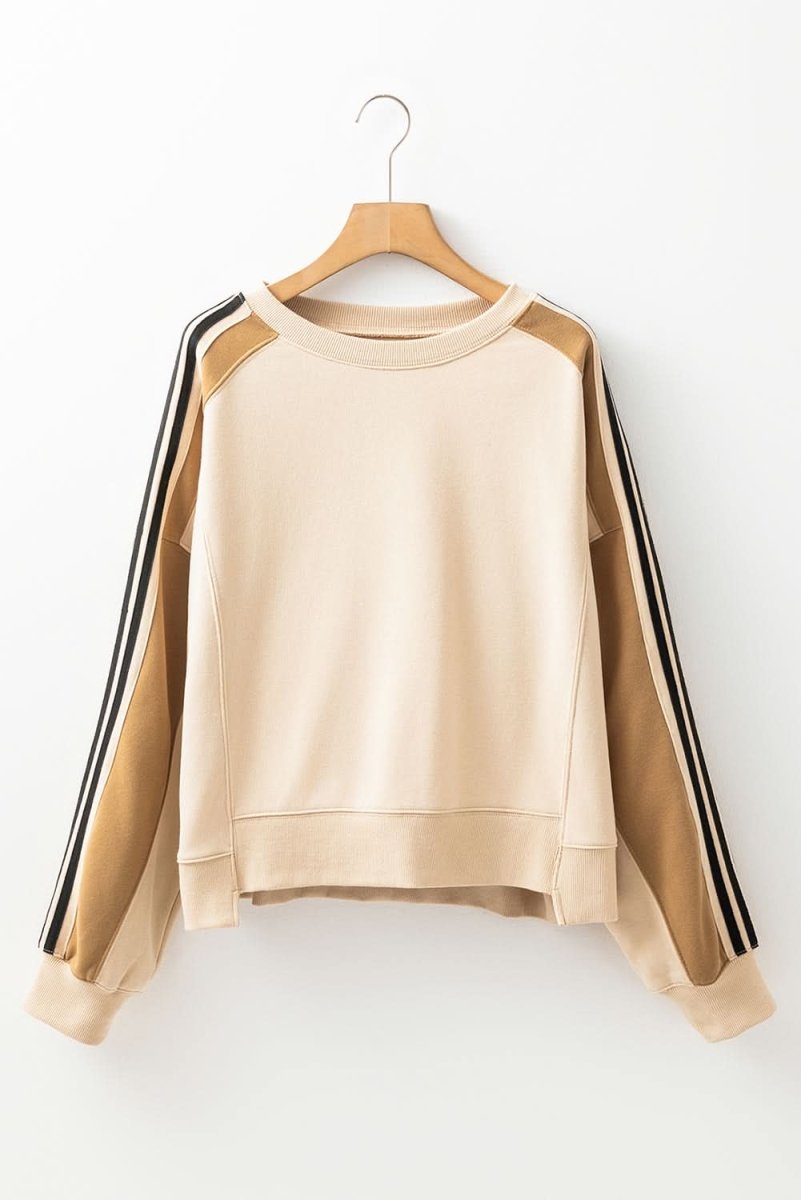 Beige Contrast Striped Patchwork Drop Shoulder Loose Sweatshirt - Love Salve
