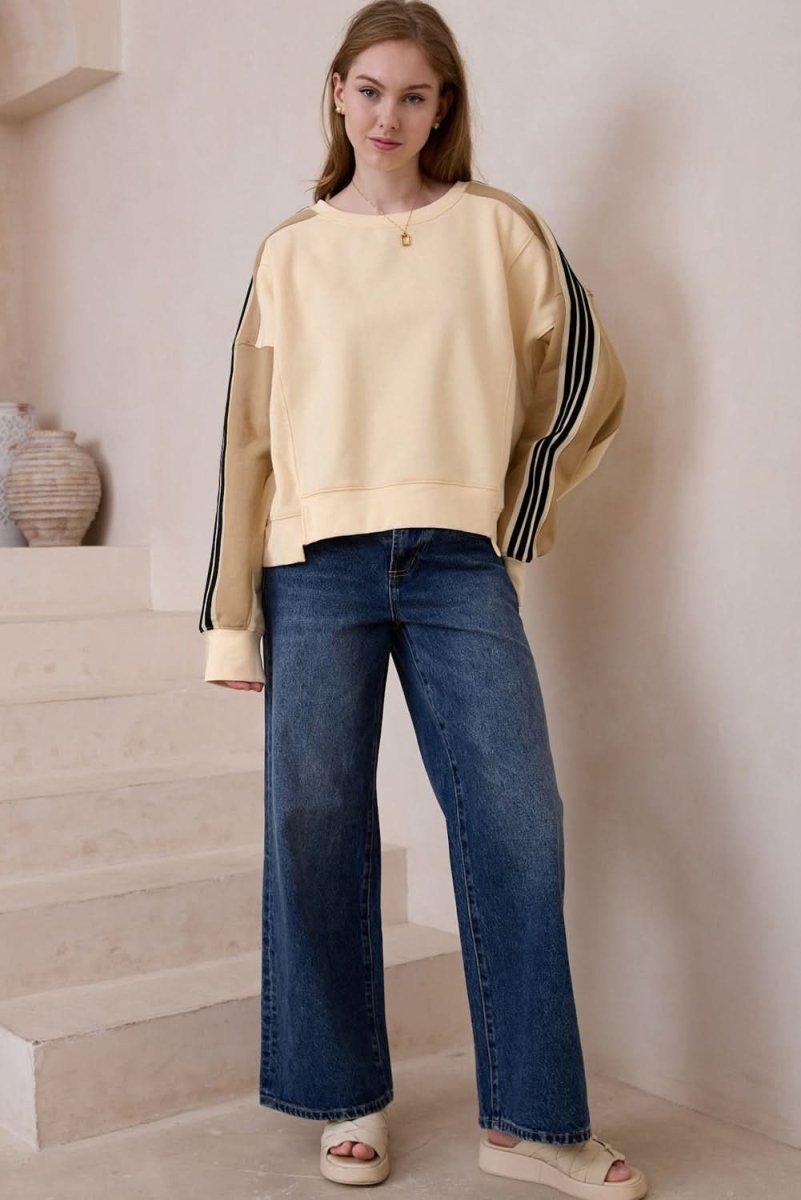 Beige Contrast Striped Patchwork Drop Shoulder Loose Sweatshirt - Love Salve