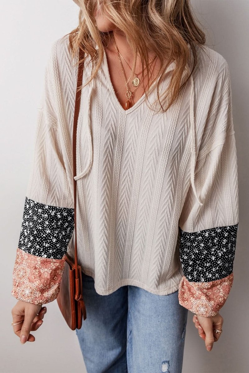 Beige Floral Patchwork Textured Knit Drawstring V Neck Blouse - Love Salve
