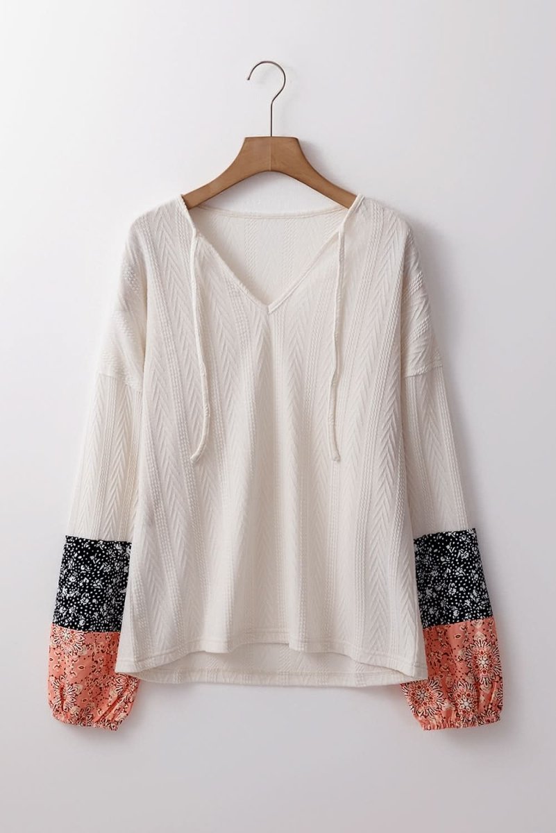 Beige Floral Patchwork Textured Knit Drawstring V Neck Blouse - Love Salve