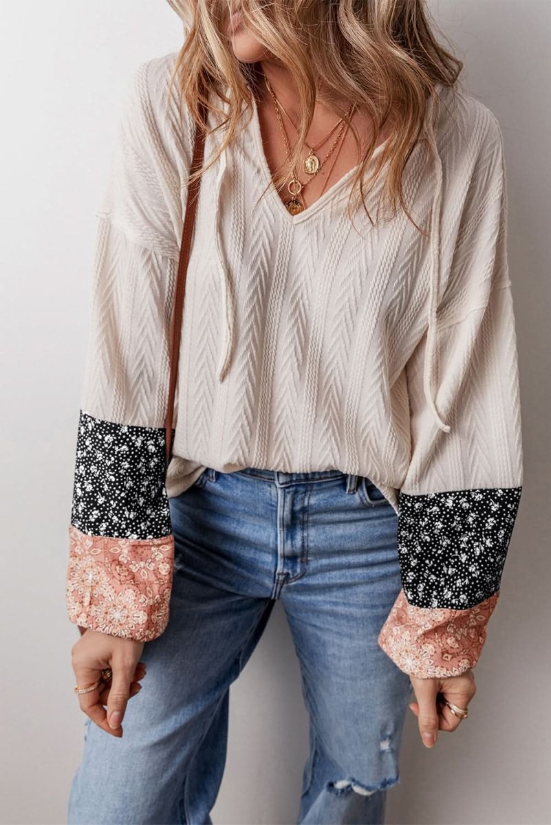 Beige Floral Patchwork Textured Knit Drawstring V Neck Blouse - Love Salve