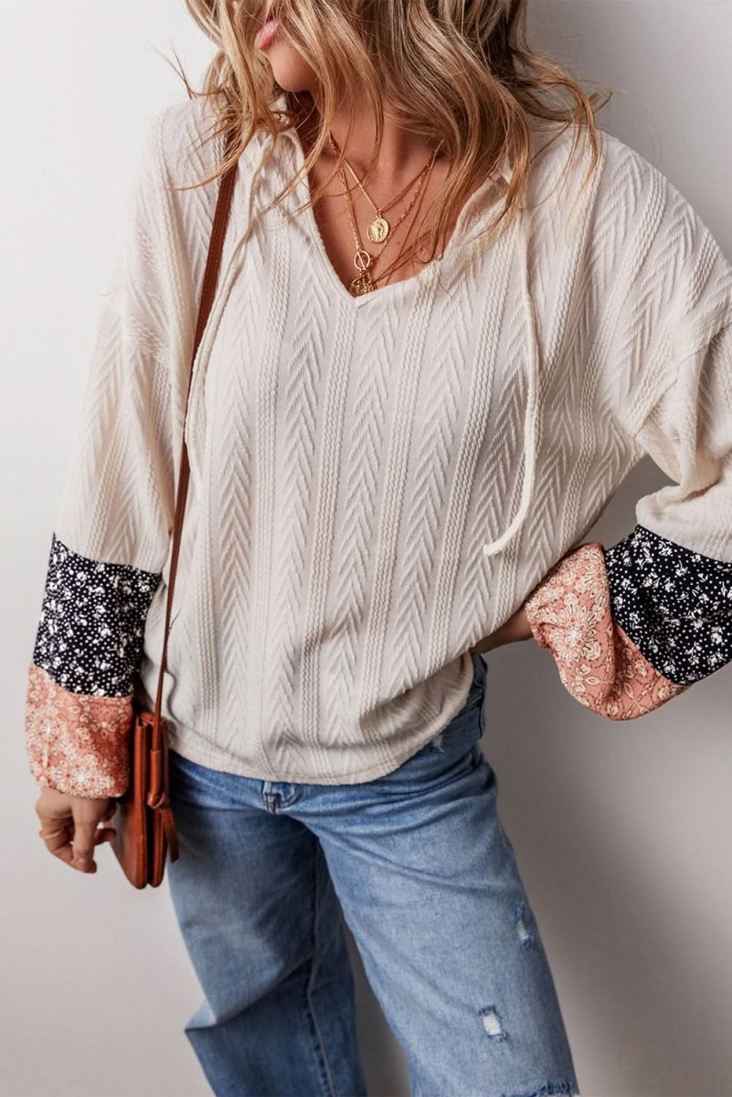 Beige Floral Patchwork Textured Knit Drawstring V Neck Blouse - Love Salve