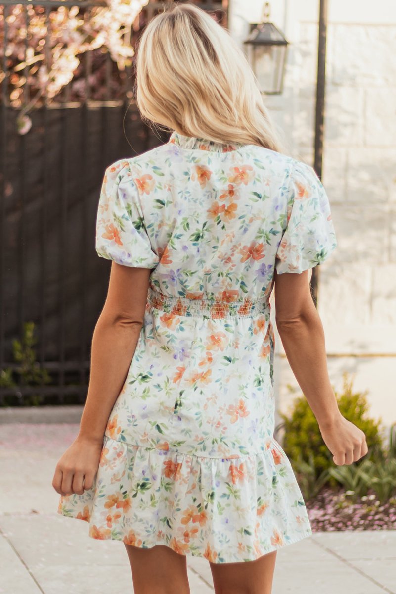 Beige Floral Print Shirred High Waist Puff Sleeve Mini Dress - Love Salve