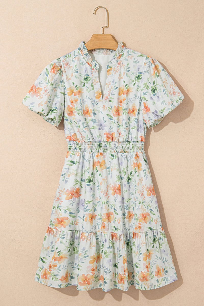 Beige Floral Print Shirred High Waist Puff Sleeve Mini Dress - Love Salve