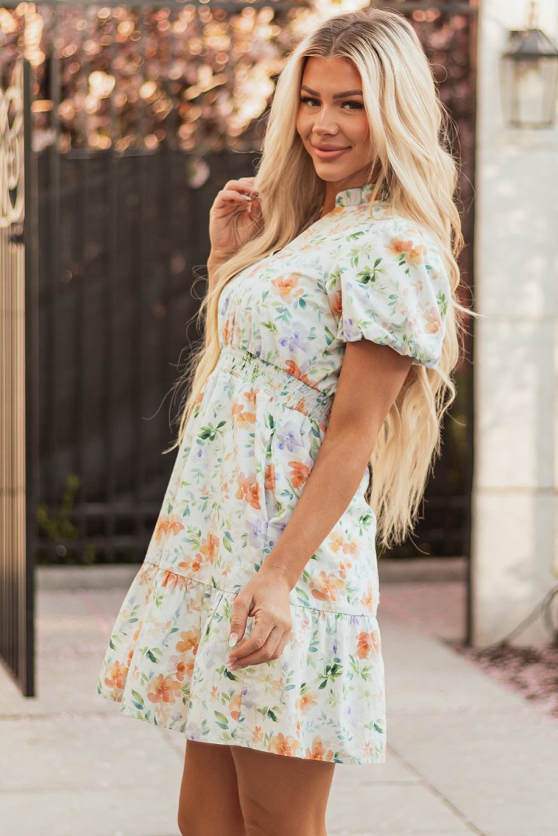 Beige Floral Print Shirred High Waist Puff Sleeve Mini Dress - Love Salve