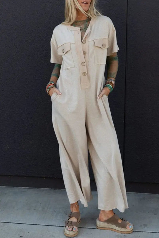 Beige Half Placket Chest Pockets Short Sleeve Wide Leg Jumpsuit - Love Salve