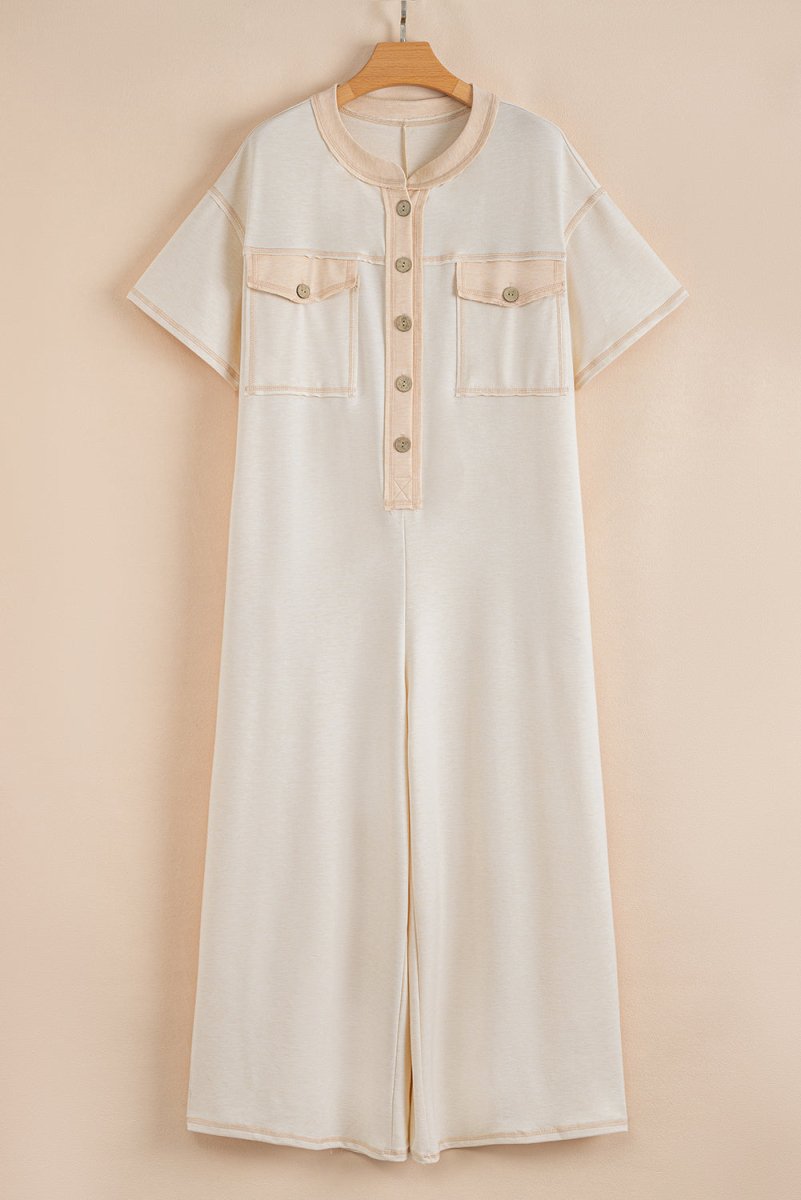 Beige Half Placket Chest Pockets Short Sleeve Wide Leg Jumpsuit - Love Salve