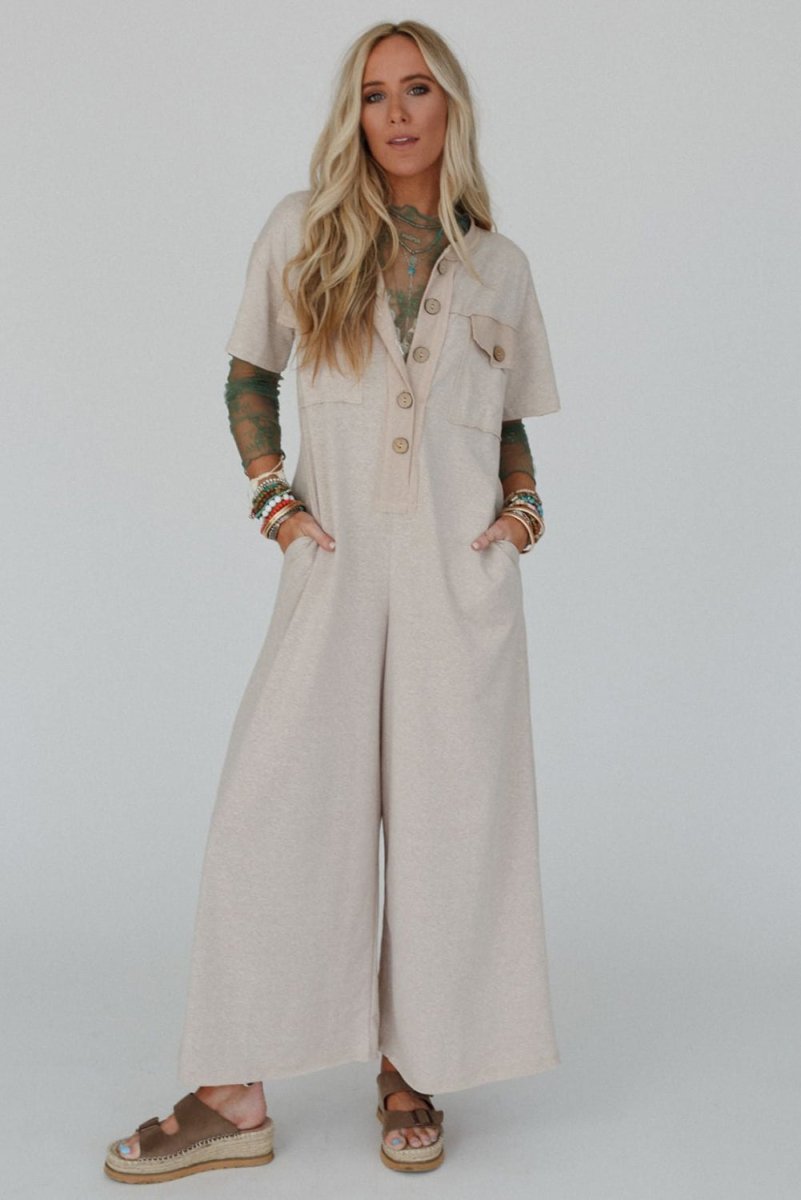 Beige Half Placket Chest Pockets Short Sleeve Wide Leg Jumpsuit - Love Salve