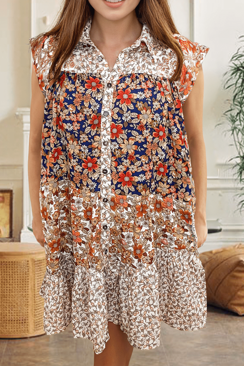 Beige Plus Size Floral Patchwork Button Front Collared Mini Dress - Love Salve