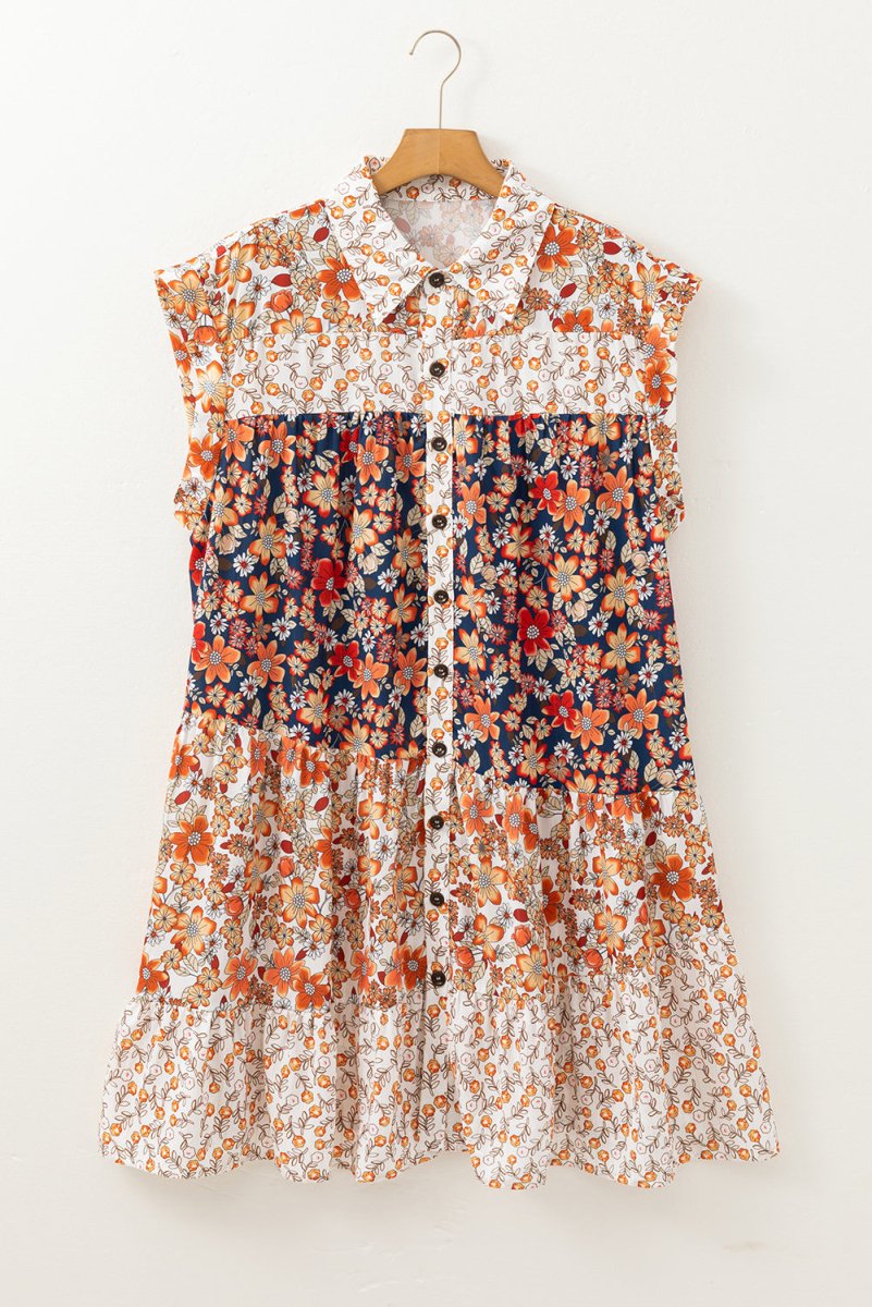 Beige Plus Size Floral Patchwork Button Front Collared Mini Dress - Love Salve