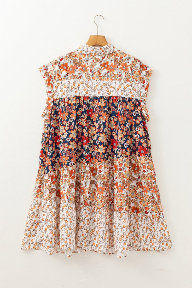 Beige Plus Size Floral Patchwork Button Front Collared Mini Dress - Love Salve