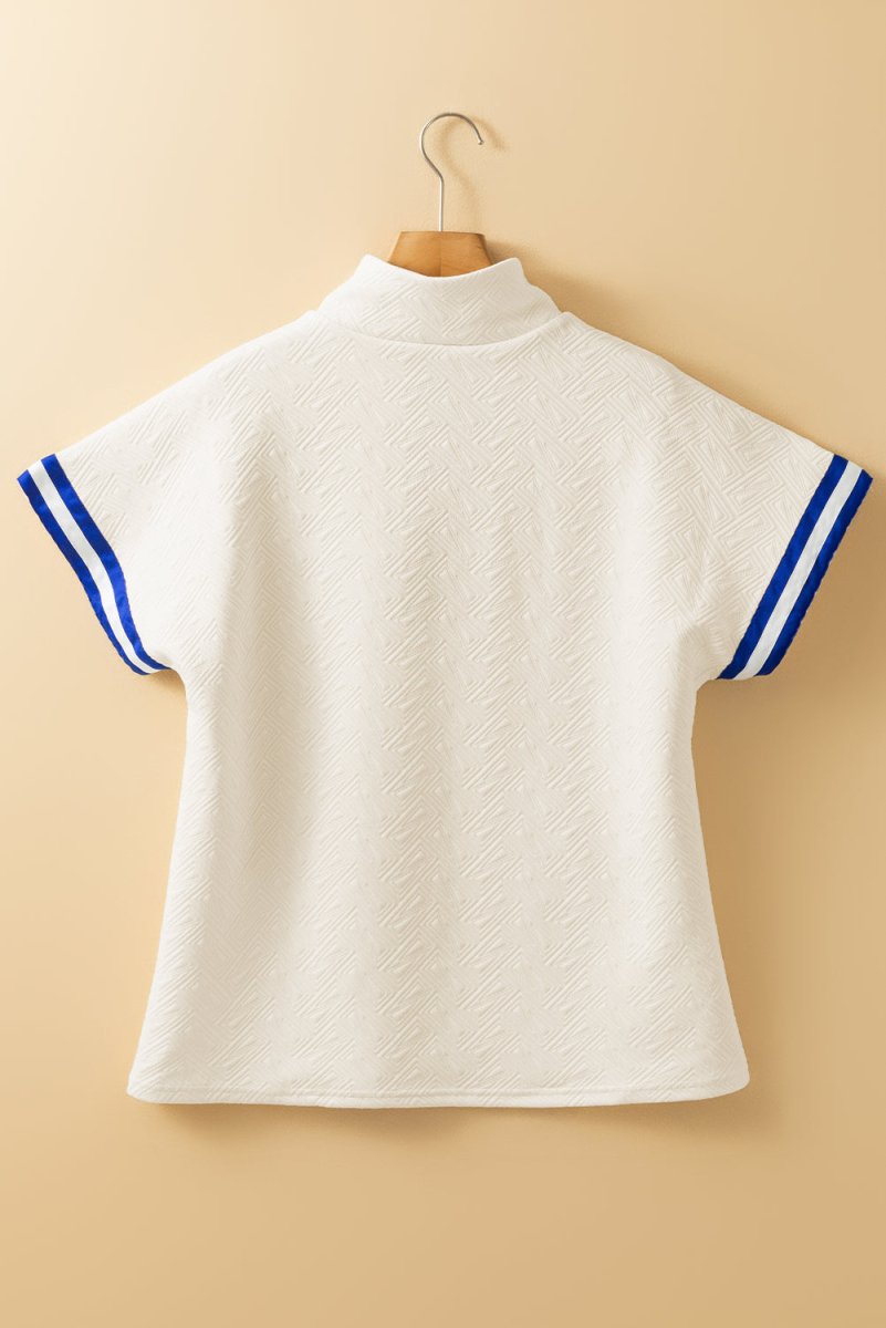 Beige Preppy Striped Trim Quarter Zipper Short Sleeve Top - Love Salve