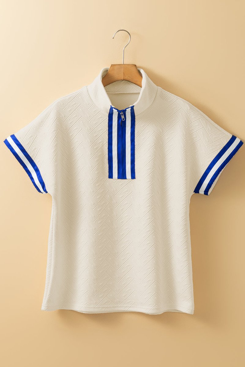 Beige Preppy Striped Trim Quarter Zipper Short Sleeve Top - Love Salve