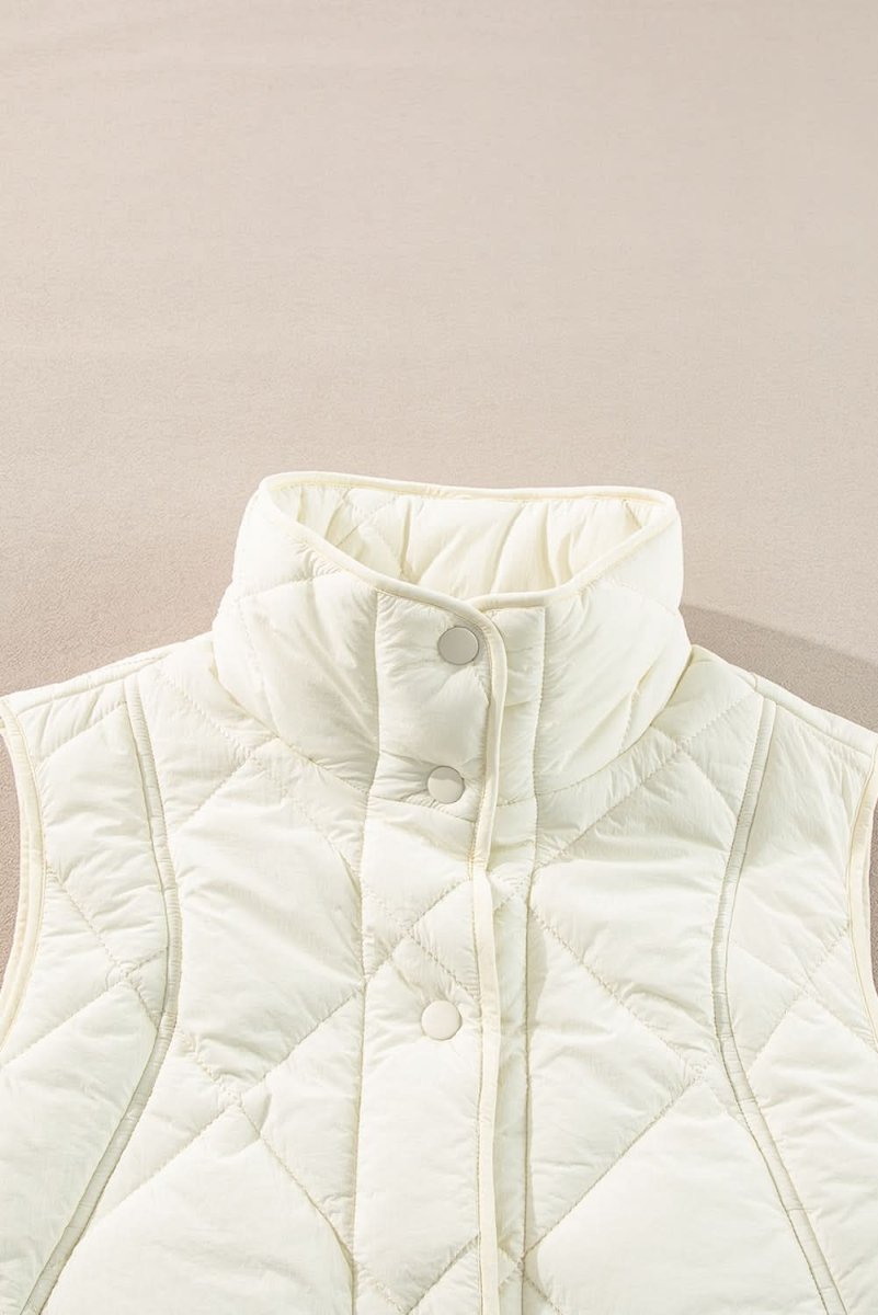 Beige Quilted High Neck Button Up Pocket Vest Coat - Love Salve