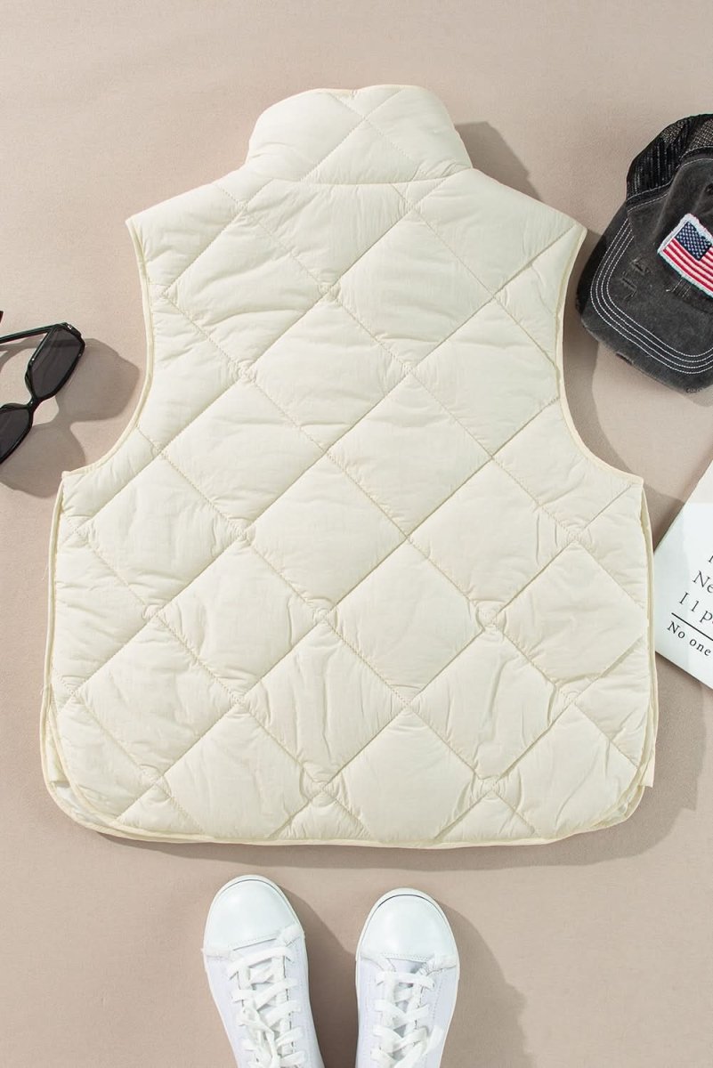 Beige Quilted High Neck Button Up Pocket Vest Coat - Love Salve