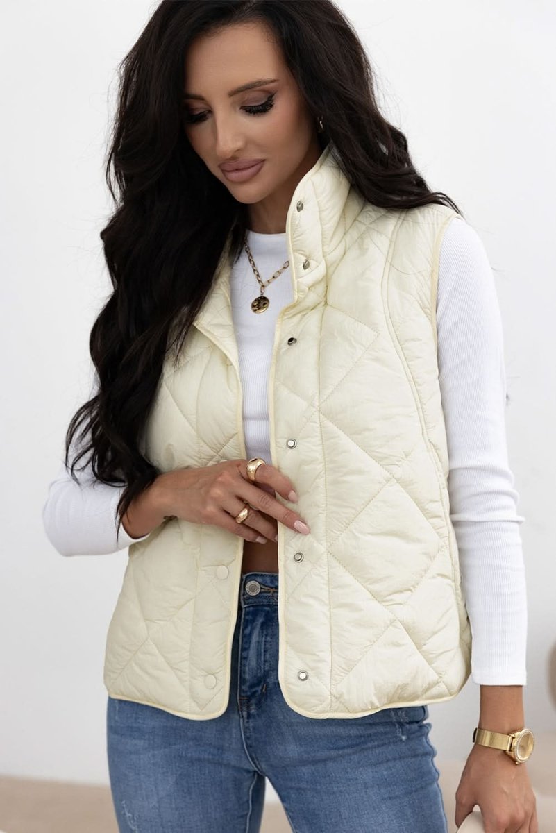 Beige Quilted High Neck Button Up Pocket Vest Coat - Love Salve