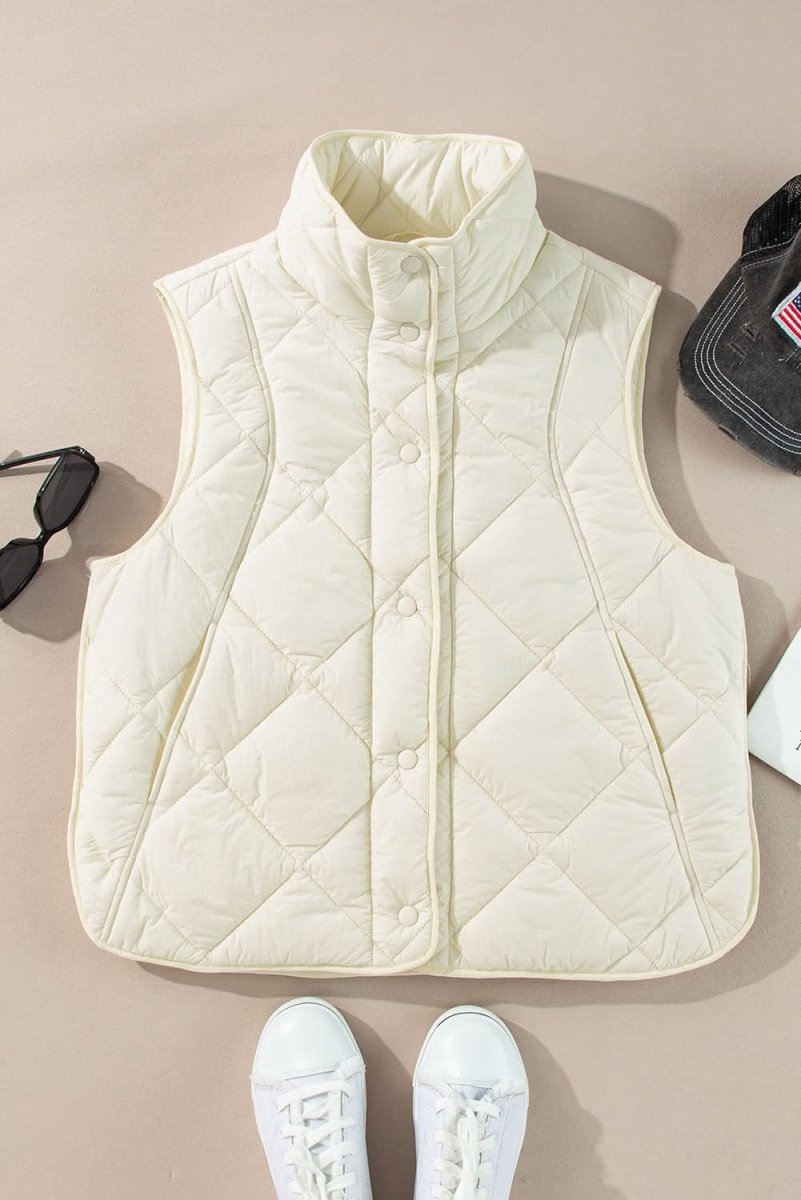 Beige Quilted High Neck Button Up Pocket Vest Coat - Love Salve
