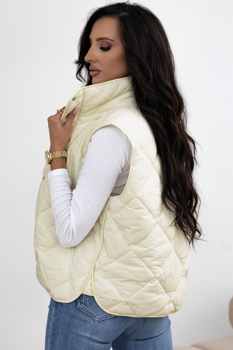 Beige Quilted High Neck Button Up Pocket Vest Coat - Love Salve
