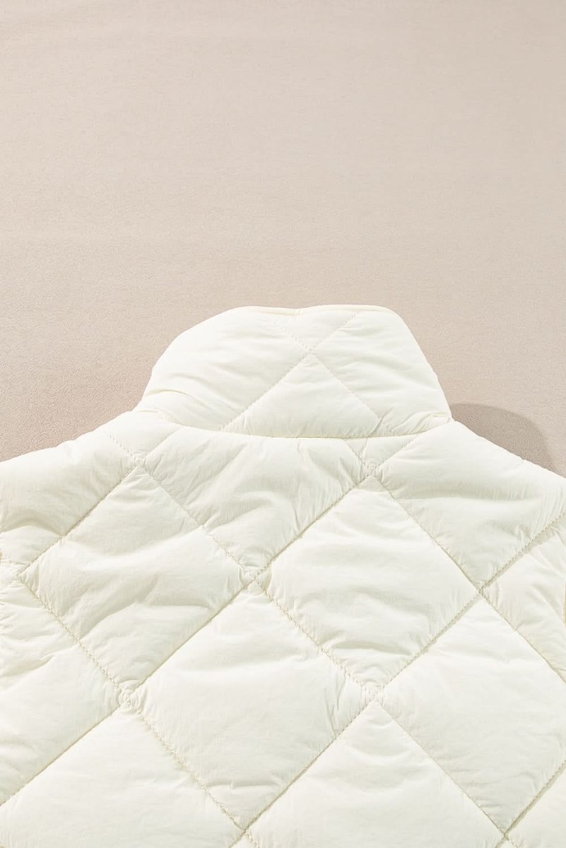 Beige Quilted High Neck Button Up Pocket Vest Coat - Love Salve