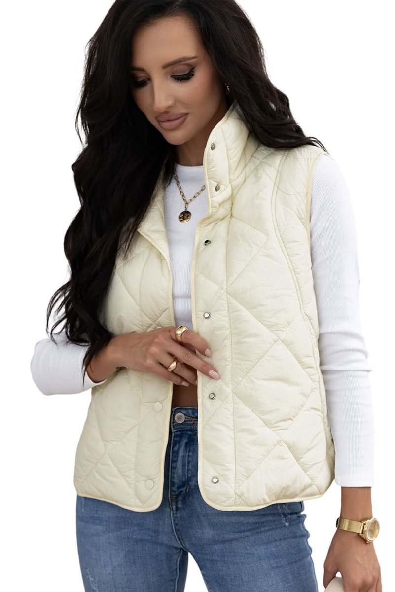 Beige Quilted High Neck Button Up Pocket Vest Coat - Love Salve