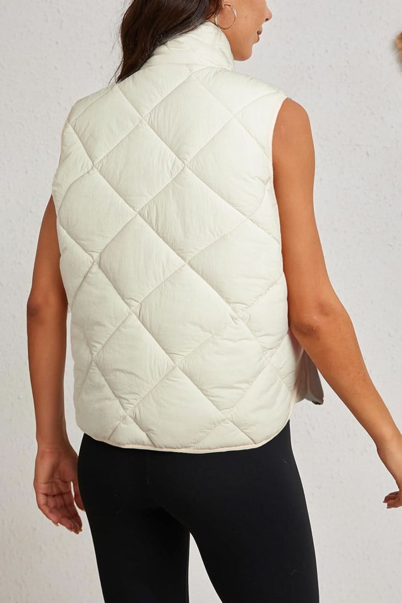 Beige Quilted High Neck Button Up Pocket Vest Coat - Love Salve