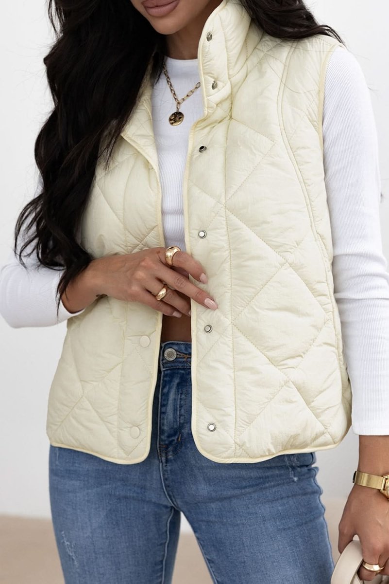 Beige Quilted High Neck Button Up Pocket Vest Coat - Love Salve