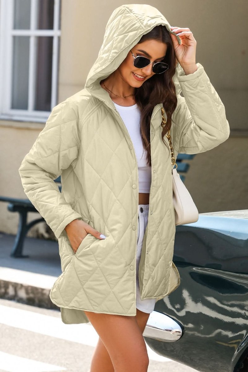 Beige Quilted Snap Button Hooded Coat - Love Salve