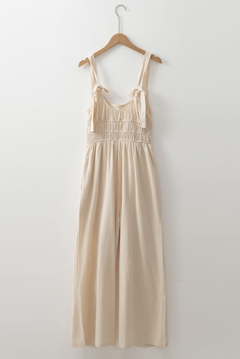 Beige Sleeveless Wide Leg Jumpsuit with Ruched High Waist Design - Love Salve