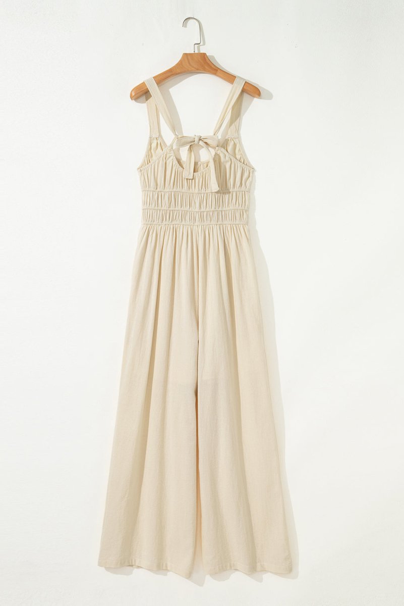 Beige Sleeveless Wide Leg Jumpsuit with Ruched High Waist Design - Love Salve