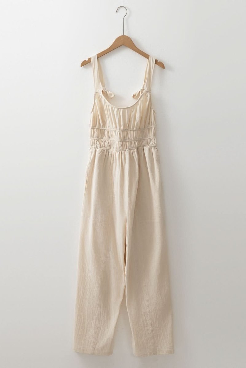 Beige Sleeveless Wide Leg Jumpsuit with Ruched High Waist Design - Love Salve
