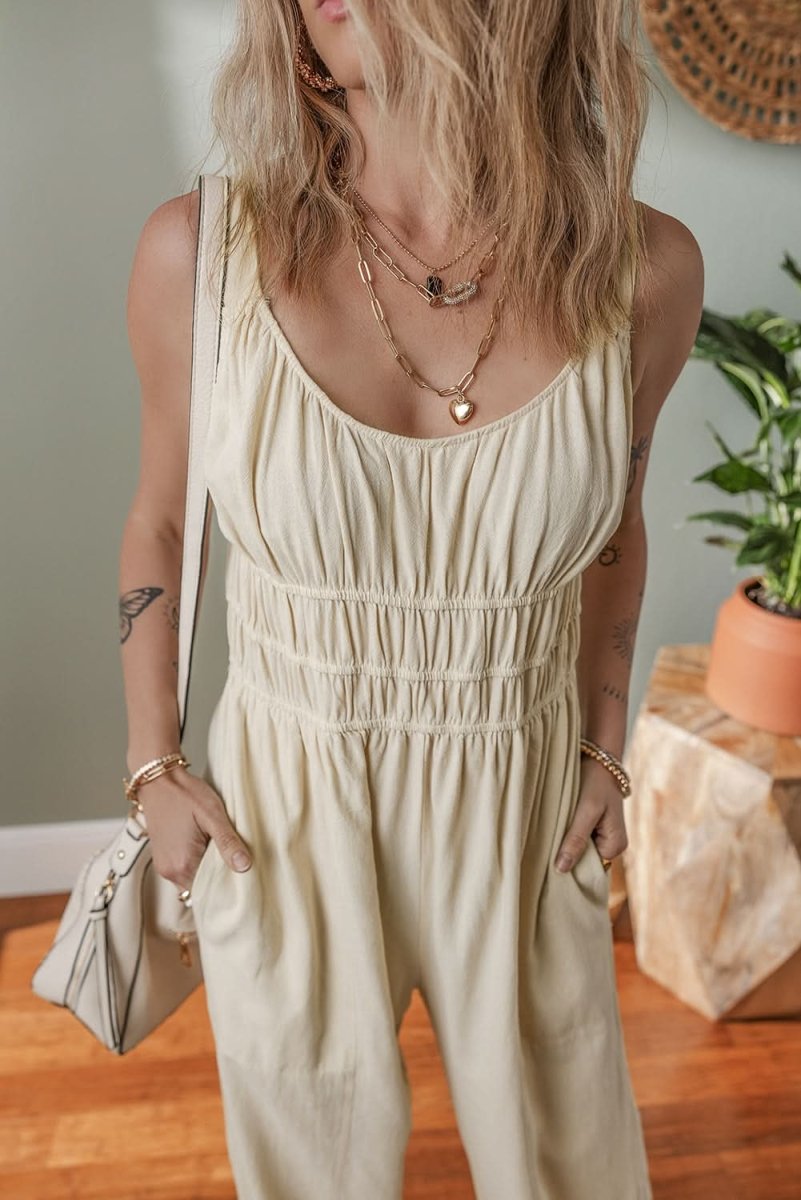 Beige Sleeveless Wide Leg Jumpsuit with Ruched High Waist Design - Love Salve