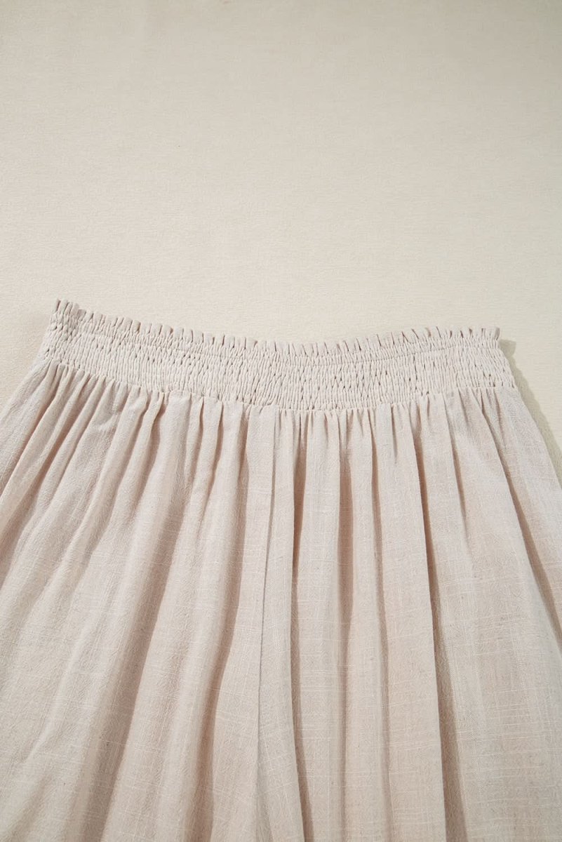 Beige Smocked High Waist Wide Leg Plus Size Pants - Love Salve