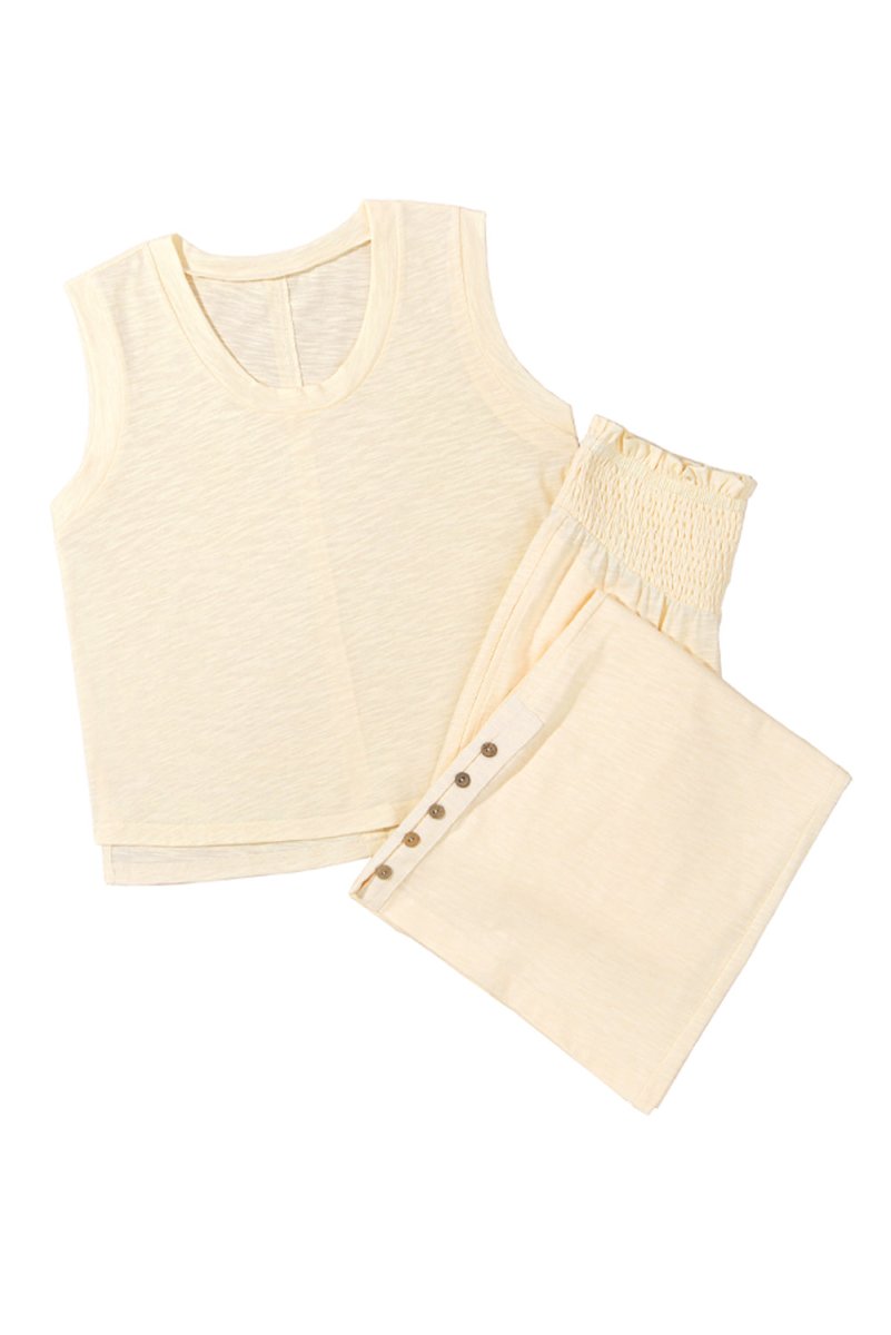 Beige Solid Color Tank Top and Smocked Waist Pants Set - Love Salve