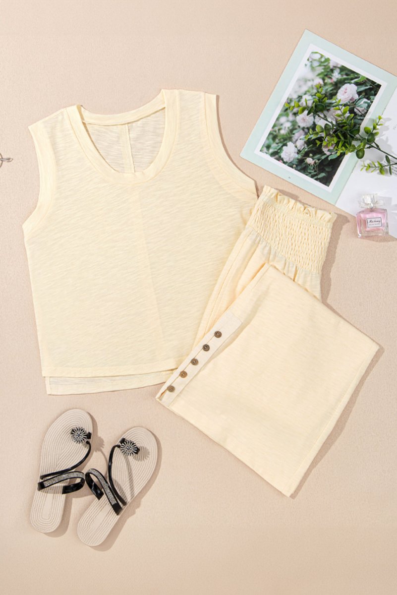 Beige Solid Color Tank Top and Smocked Waist Pants Set - Love Salve