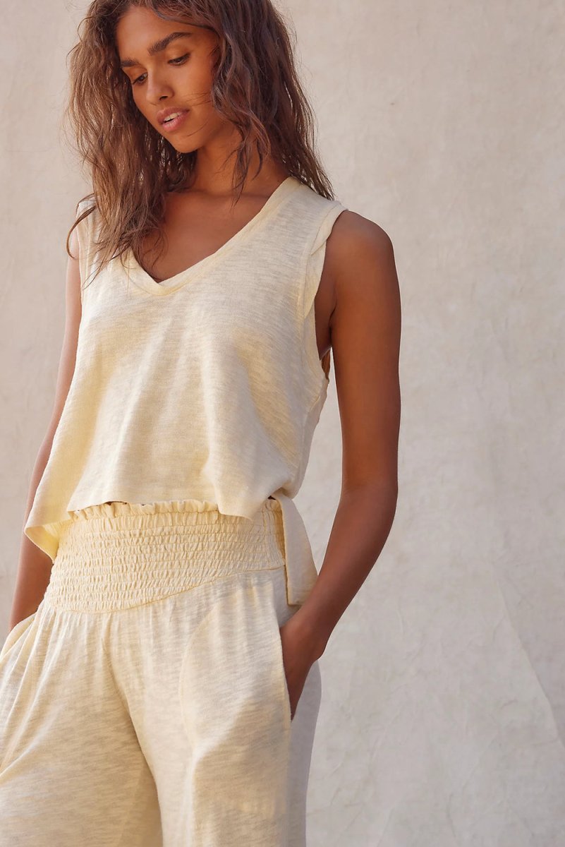 Beige Solid Color Tank Top and Smocked Waist Pants Set - Love Salve