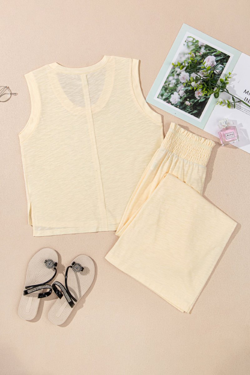 Beige Solid Color Tank Top and Smocked Waist Pants Set - Love Salve
