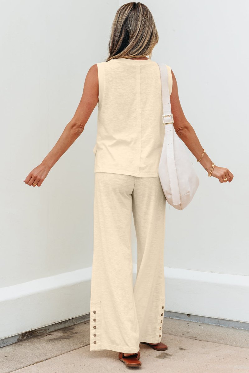 Beige Solid Color Tank Top and Smocked Waist Pants Set - Love Salve