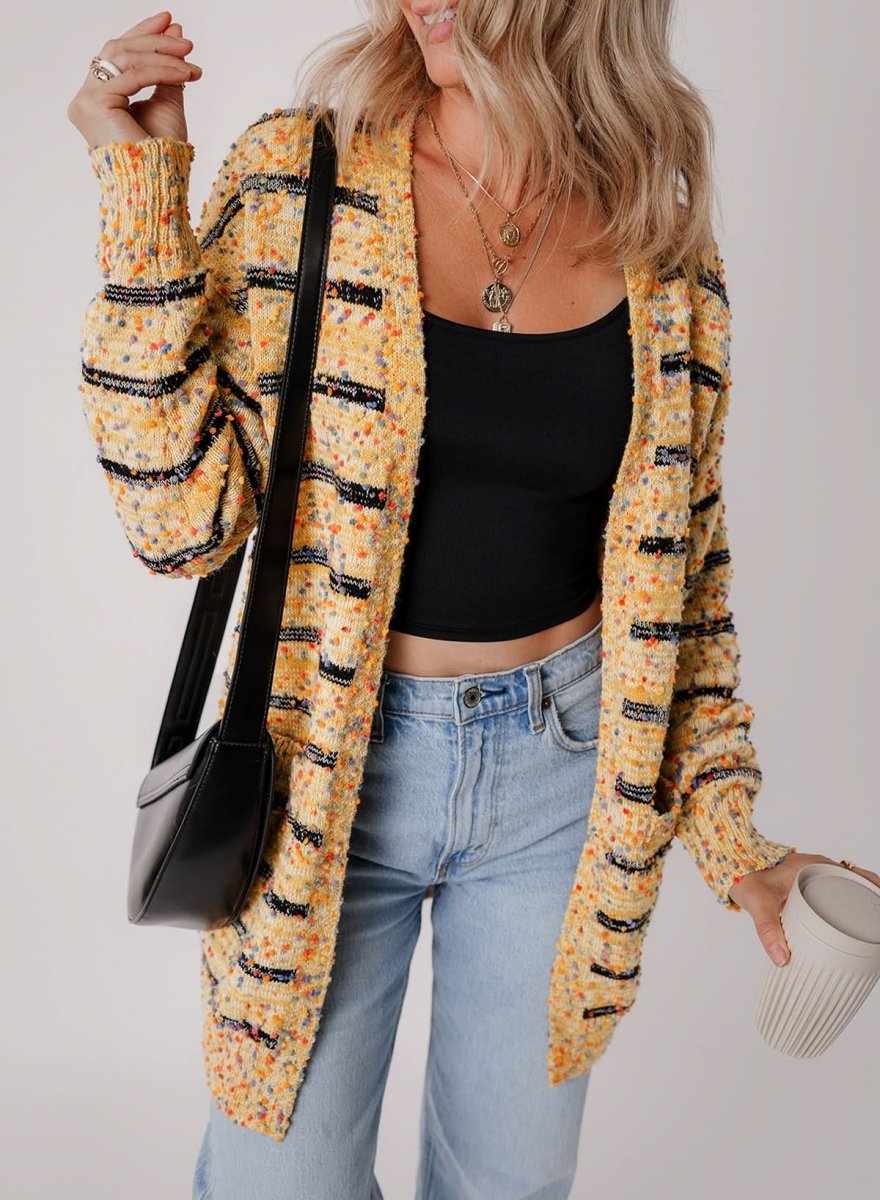 Beige Striped Knit Cardigan with Pom Pom Details - Love Salve