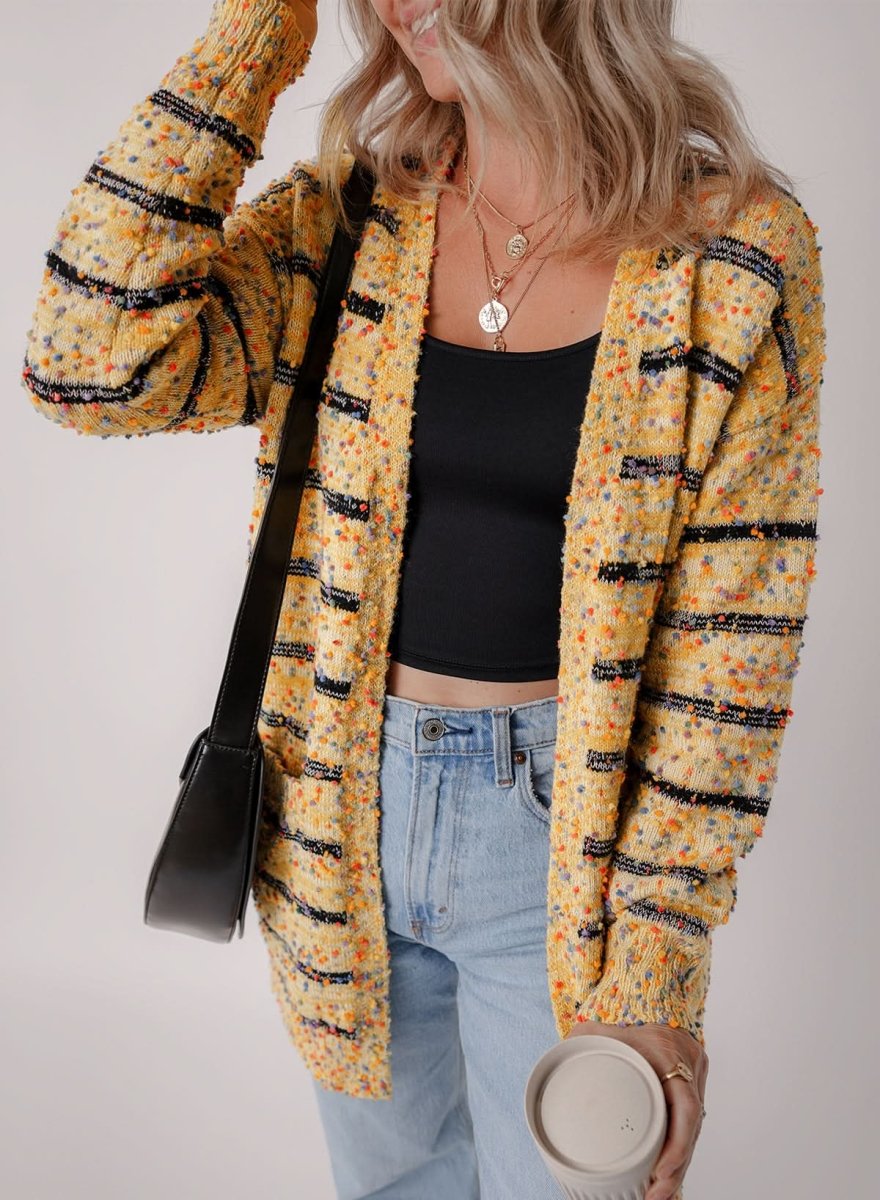 Beige Striped Knit Cardigan with Pom Pom Details - Love Salve